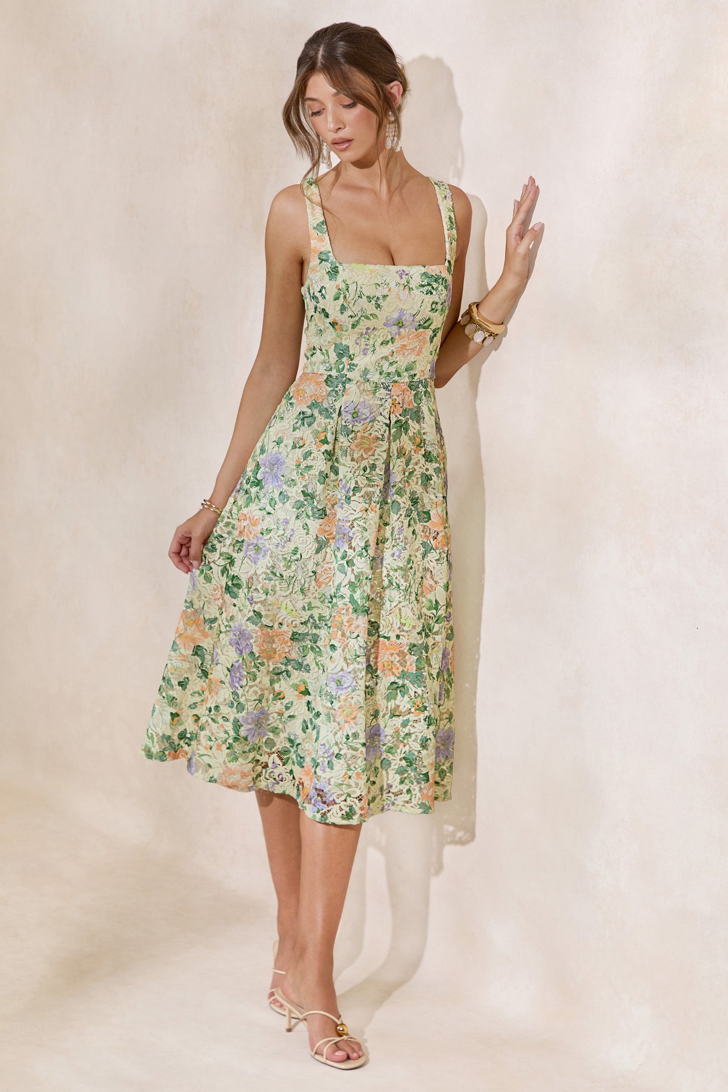 Lorielle | Lemon Floral Print Lace Square-Neck Midi Dress