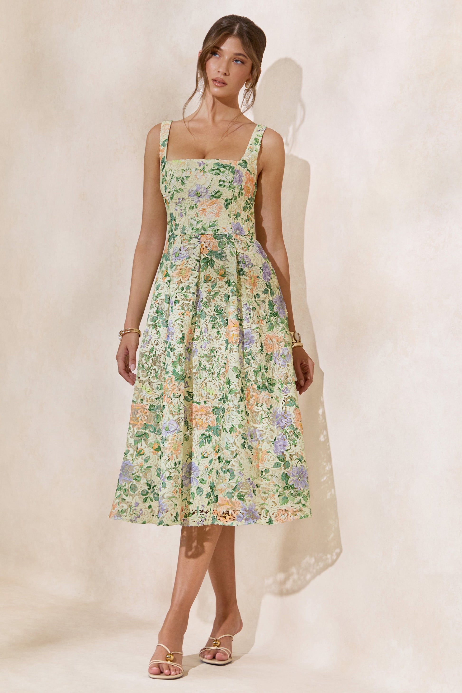 Lorielle | Lemon Floral Print Lace Square-Neck Midi Dress
