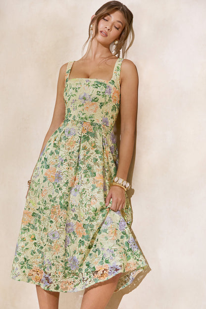 Lorielle | Lemon Floral Print Lace Square-Neck Midi Dress