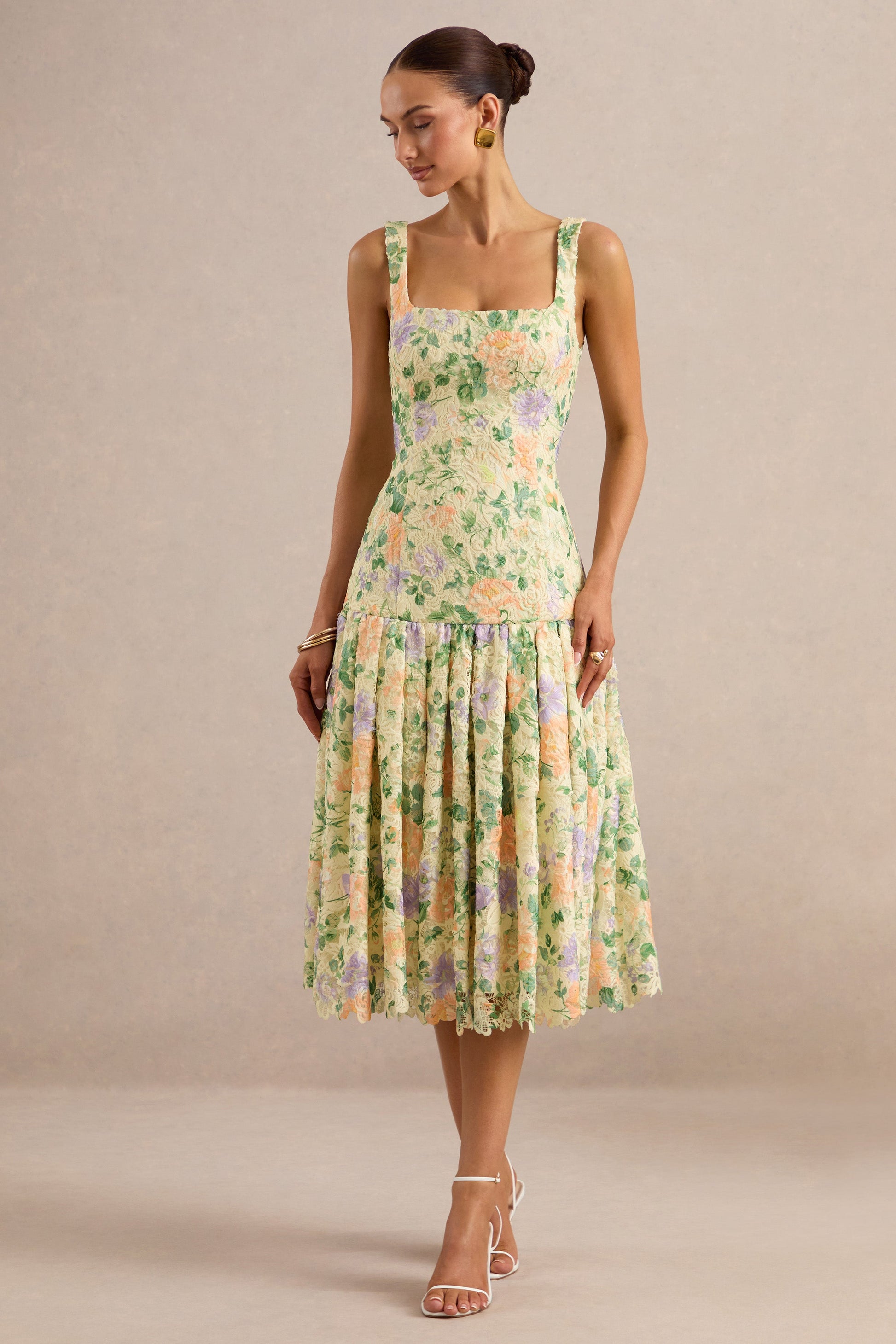 Lumara | Lemon Floral Print Lace Square-Neck Midi Dress With Drop Waist