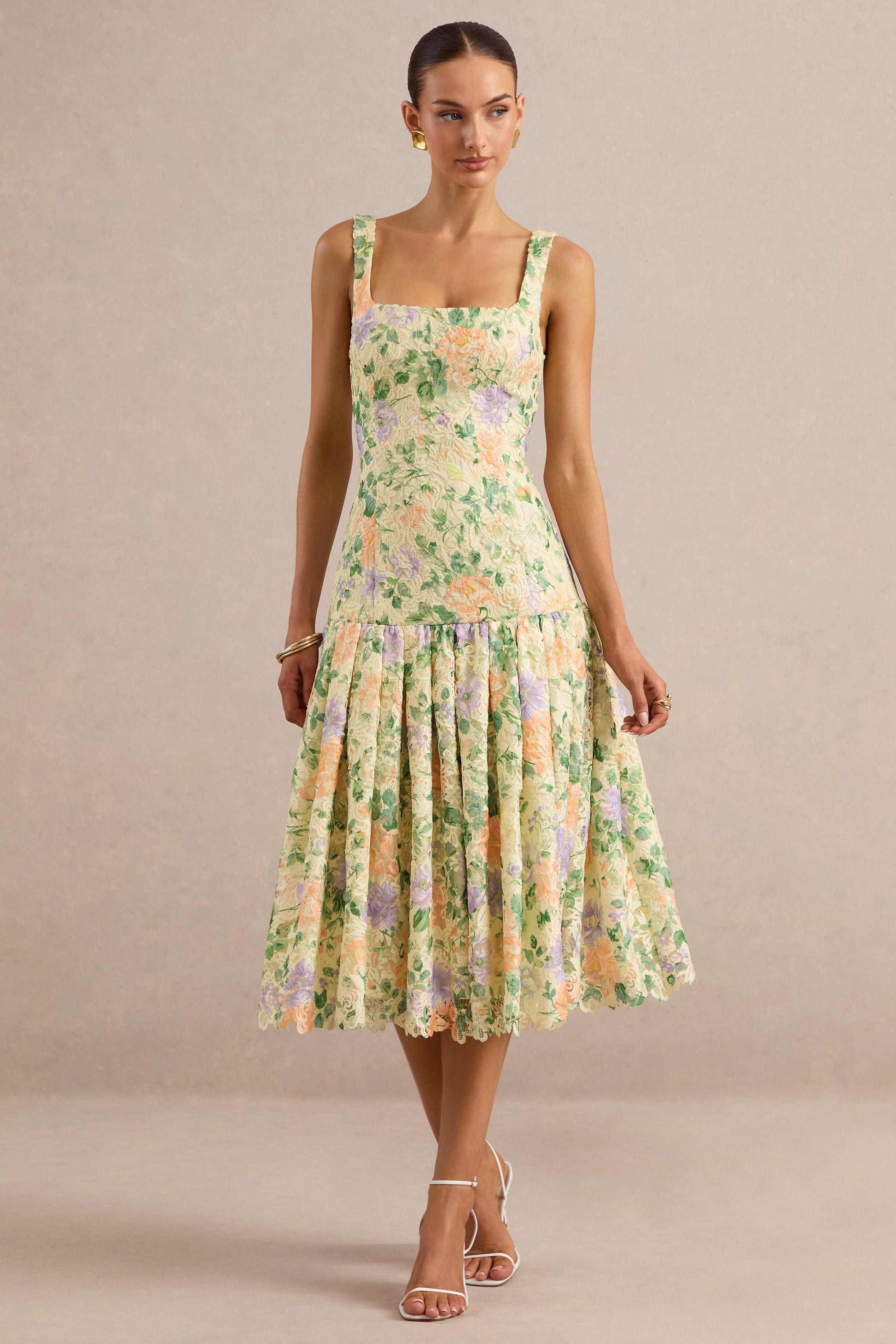 Lumara | Lemon Floral Print Lace Square-Neck Midi Dress With Drop Waist
