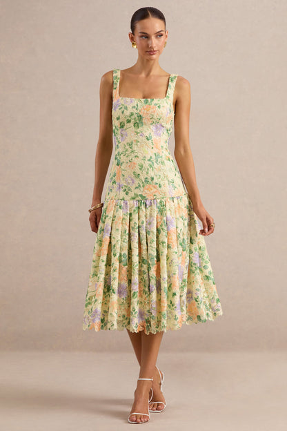Lumara | Lemon Floral Print Lace Square-Neck Midi Dress With Drop Waist