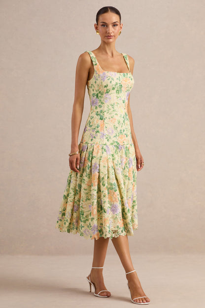 Lumara | Lemon Floral Print Lace Square-Neck Midi Dress With Drop Waist