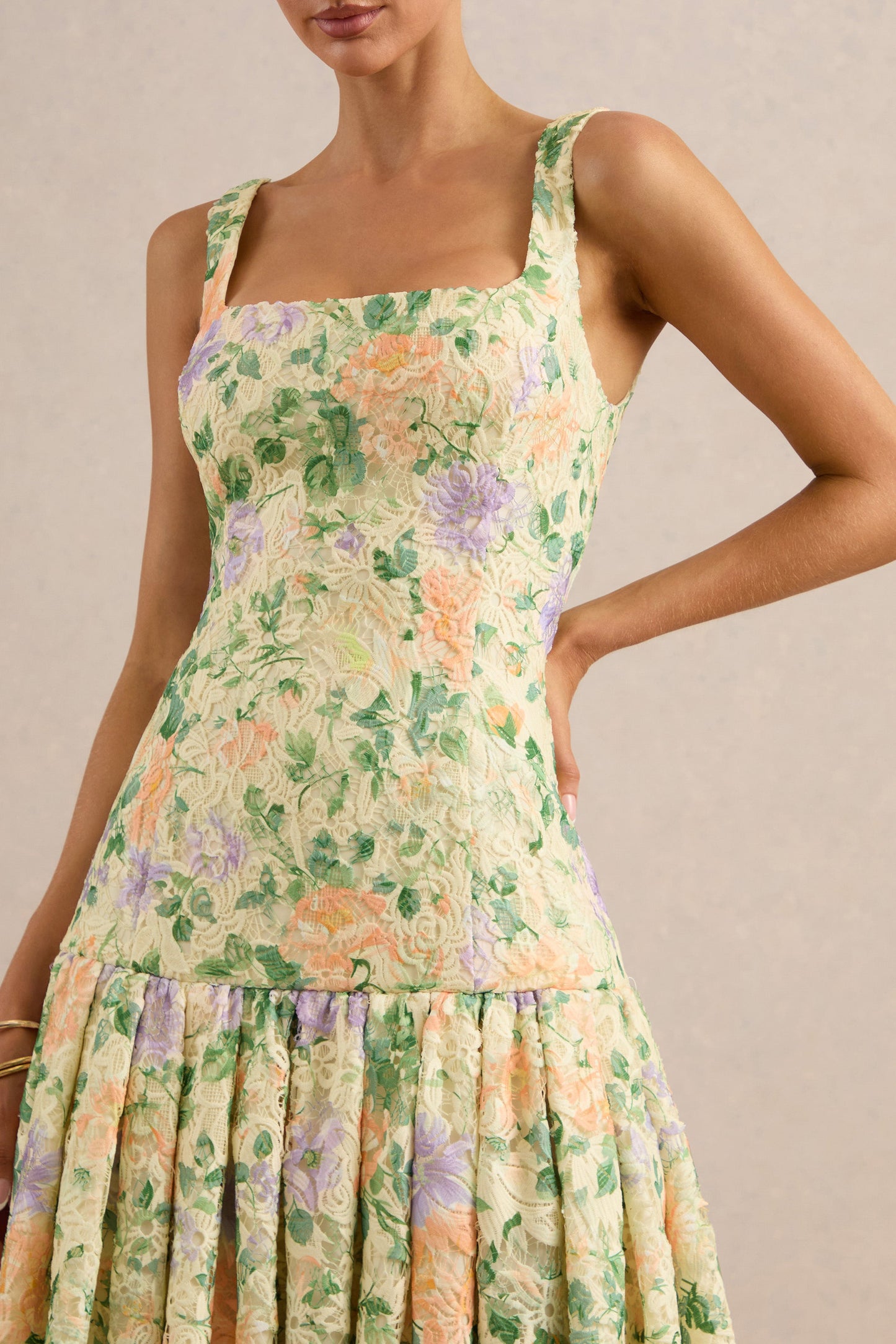 Lumara | Lemon Floral Print Lace Square-Neck Midi Dress With Drop Waist