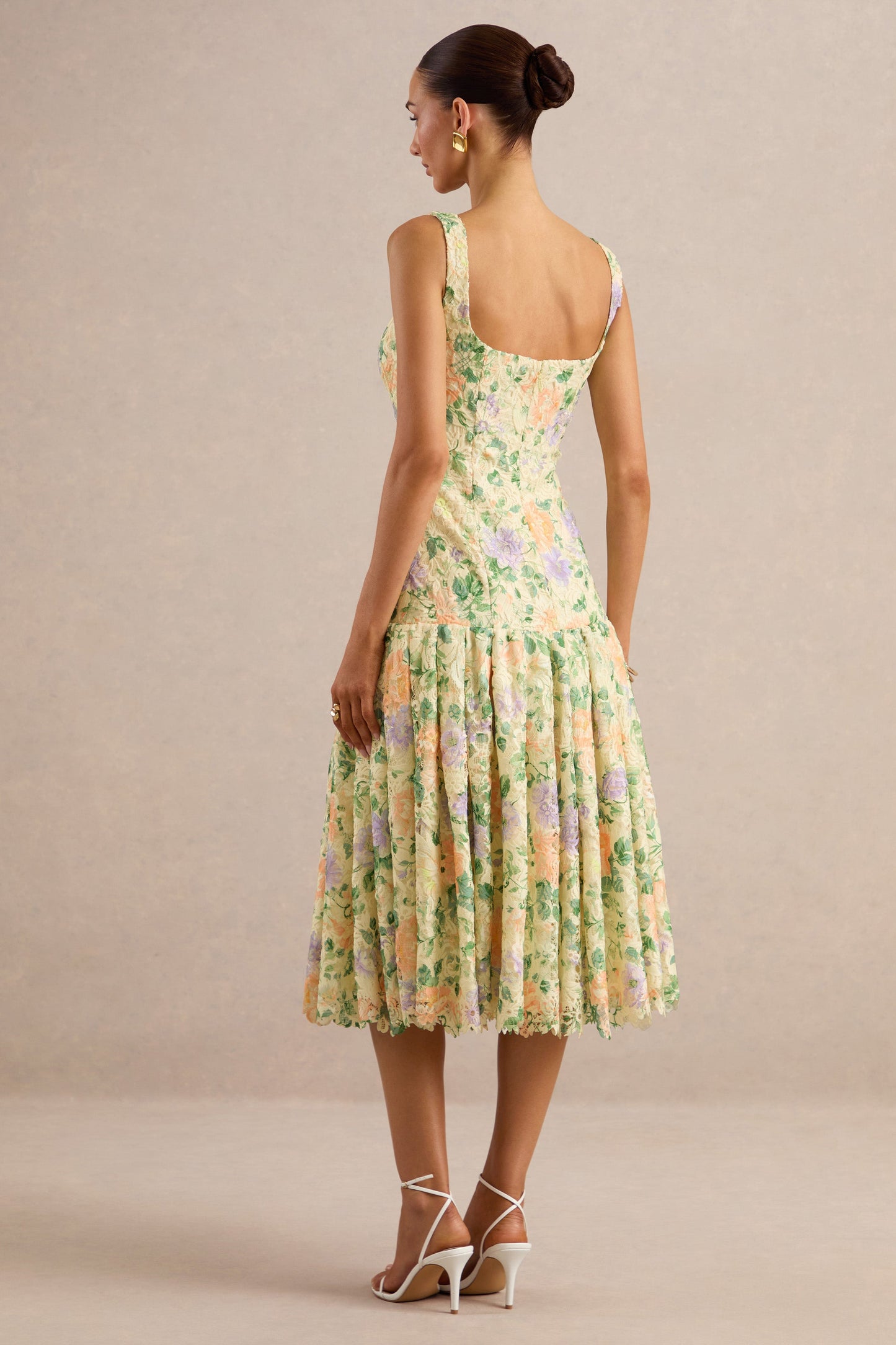 Lumara | Lemon Floral Print Lace Square-Neck Midi Dress With Drop Waist