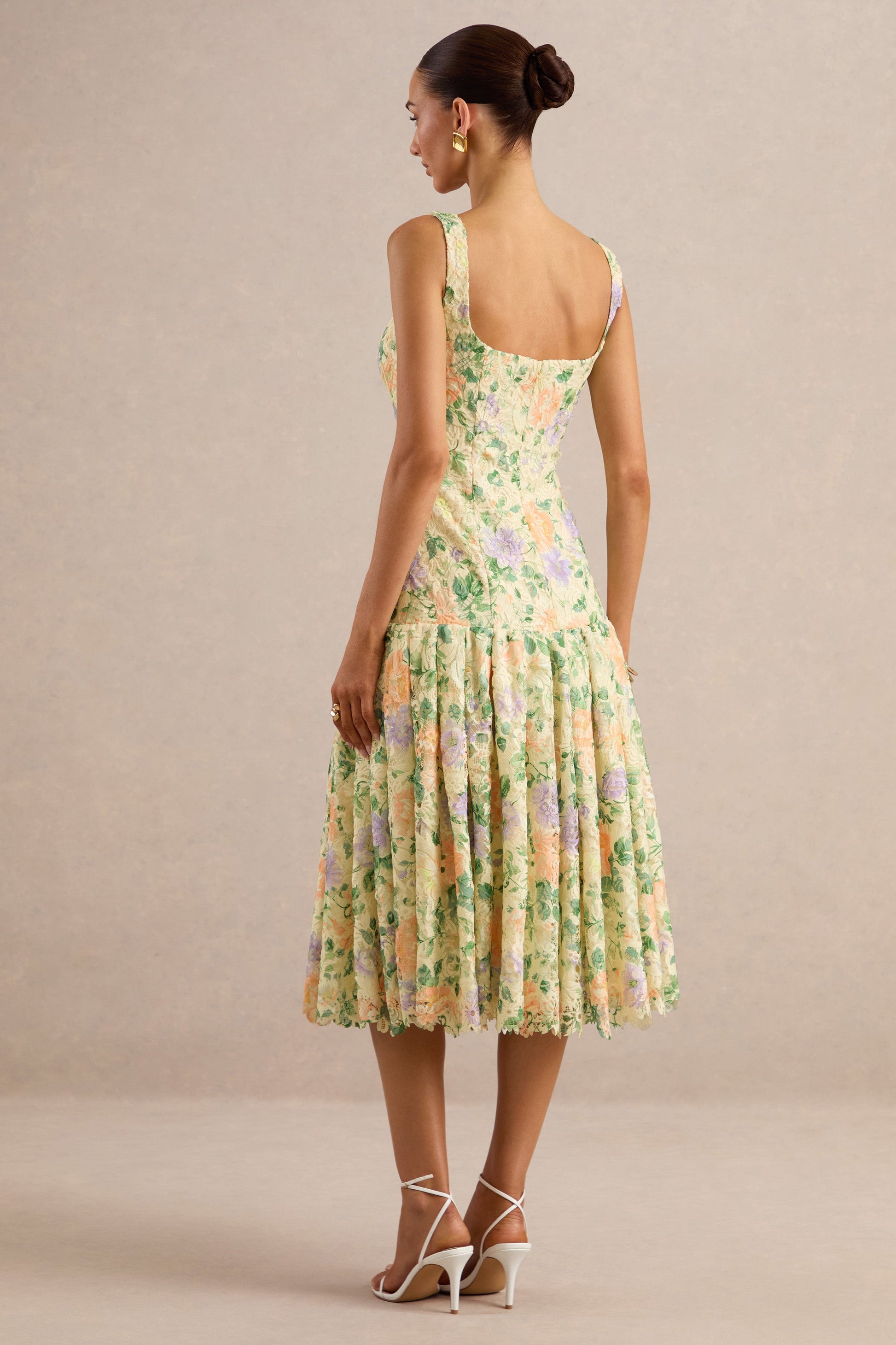 Lumara | Lemon Floral Print Lace Square-Neck Midi Dress With Drop Waist
