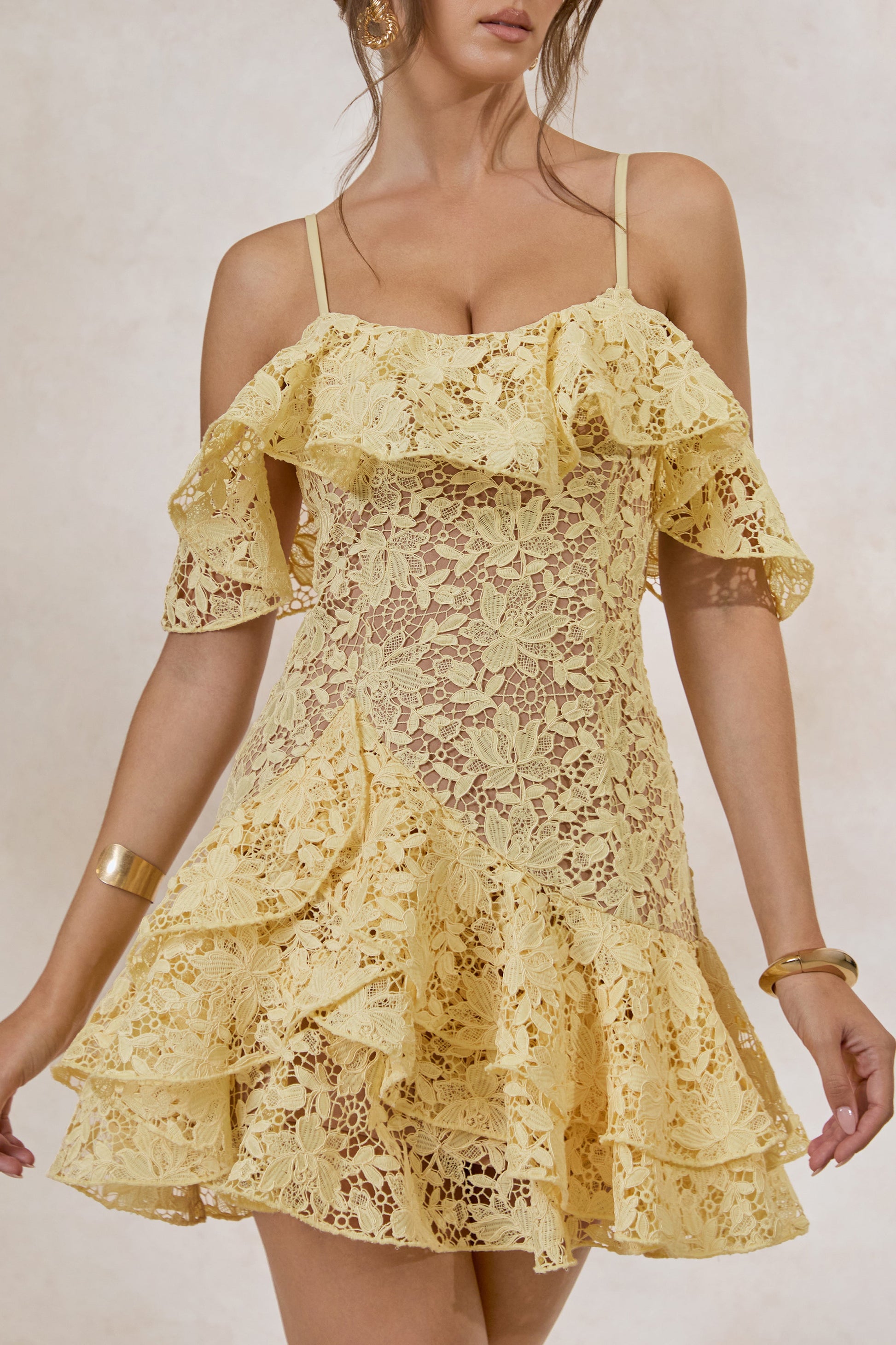 Lyris | Lemon Lace Scoop-Neck Mini Dress With Ruffled Detailing