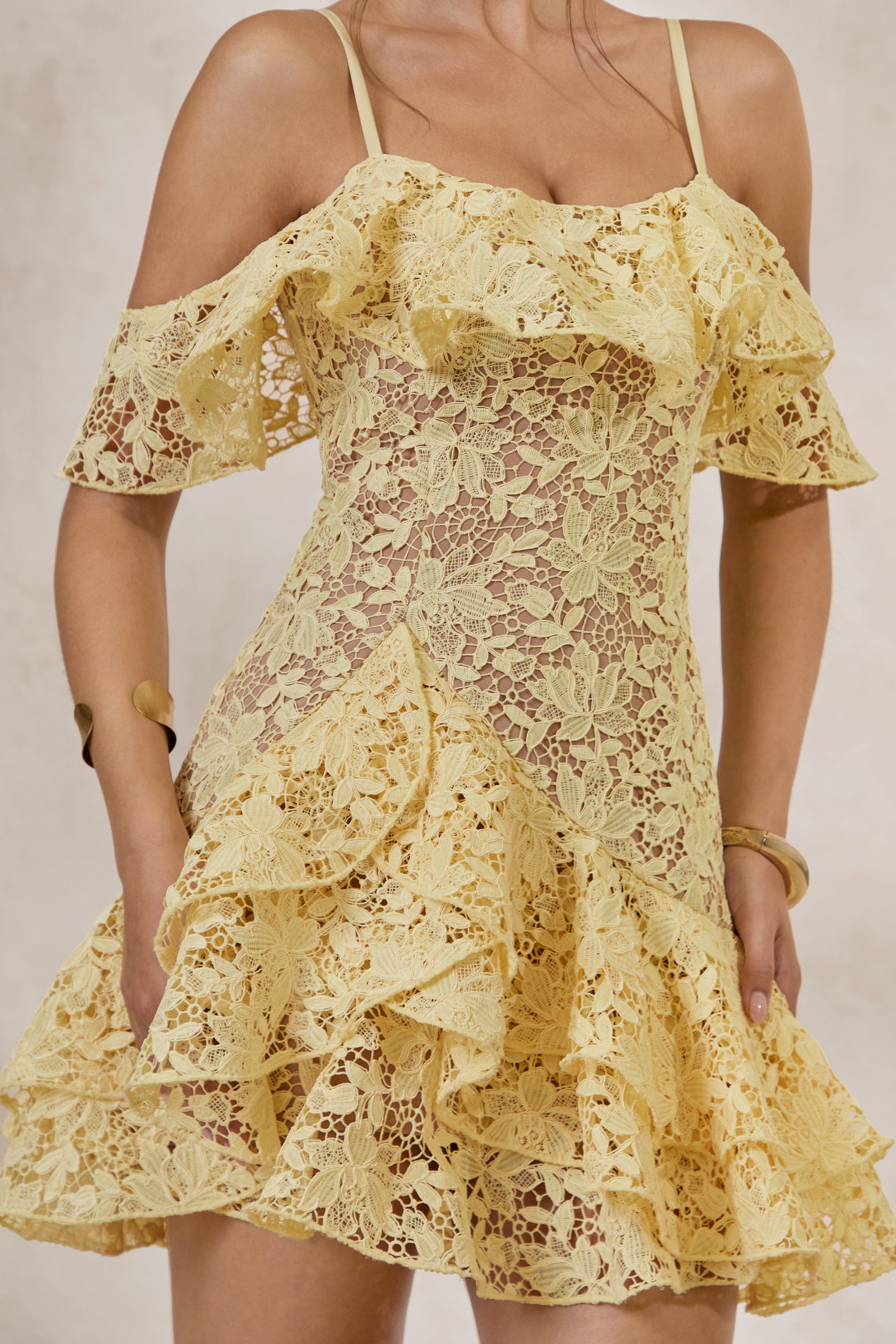 Lyris | Lemon Lace Scoop-Neck Mini Dress With Ruffled Detailing