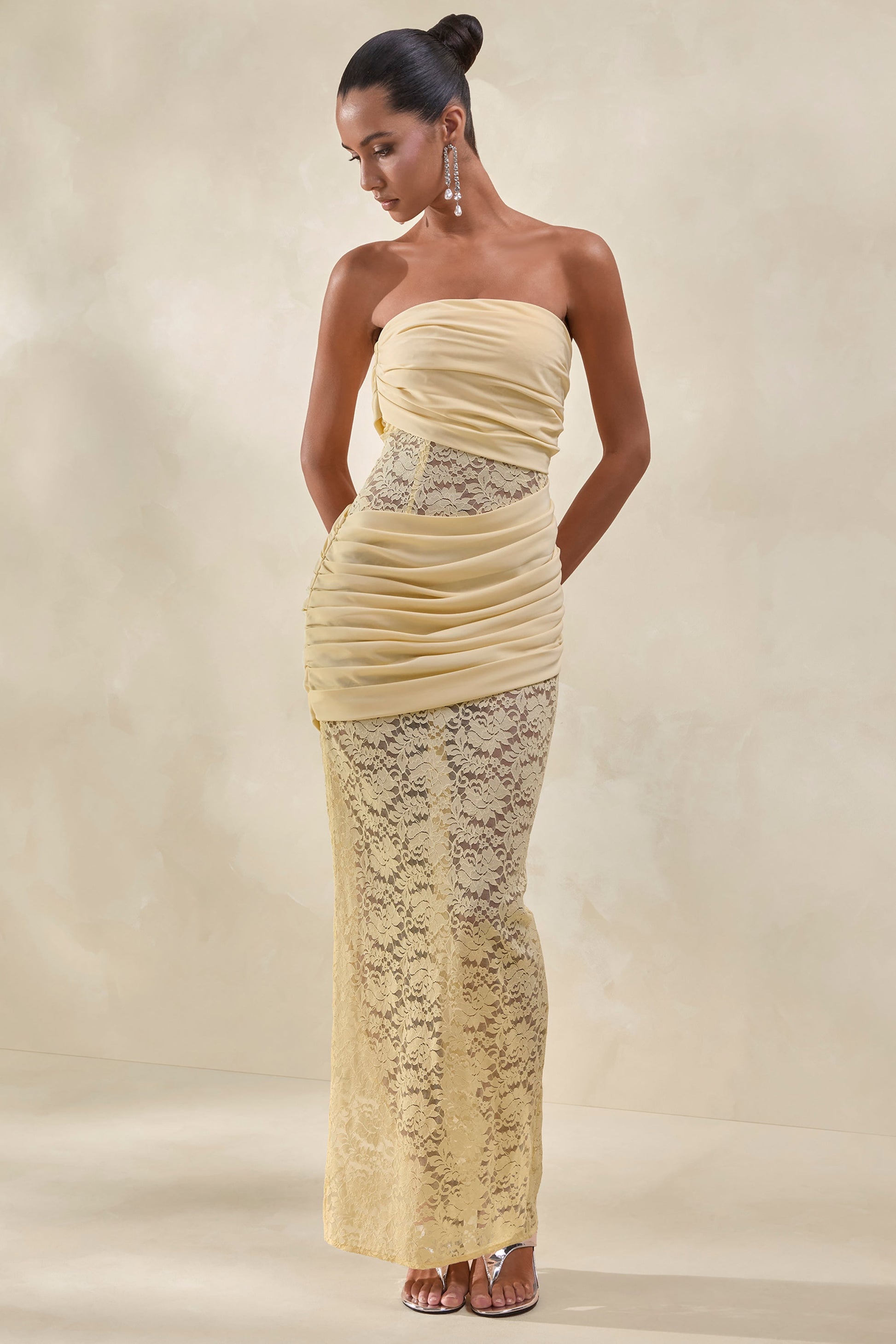 Lalita | Lemon Lace And Satin Bandeau Maxi Dress With Wrap-Details