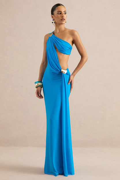 Maelys | Blue Asymmetric-Neck Maxi Dress With Body Cut-Outs And Gold Detailing