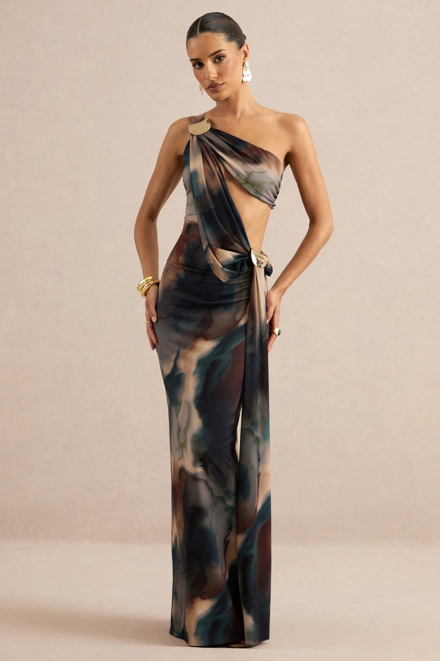 Maelys | Black And Blue Smoke Print Asymmetric-Neck Maxi Dress With Body Cut-Outs And Gold Detailing