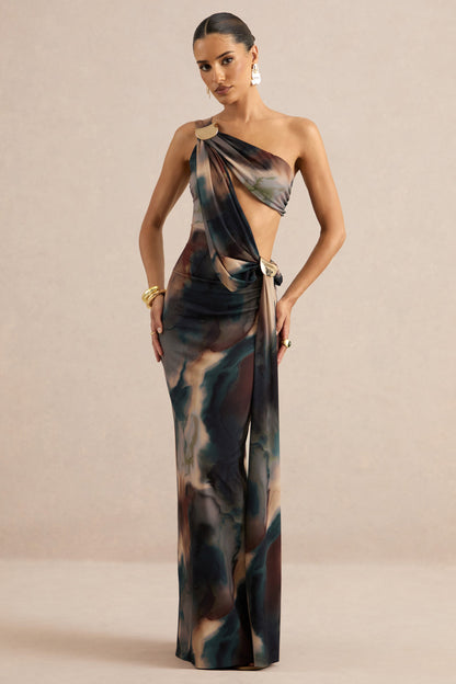 Maelys | Black And Blue Smoke Print Asymmetric-Neck Maxi Dress With Body Cut-Outs And Gold Detailing