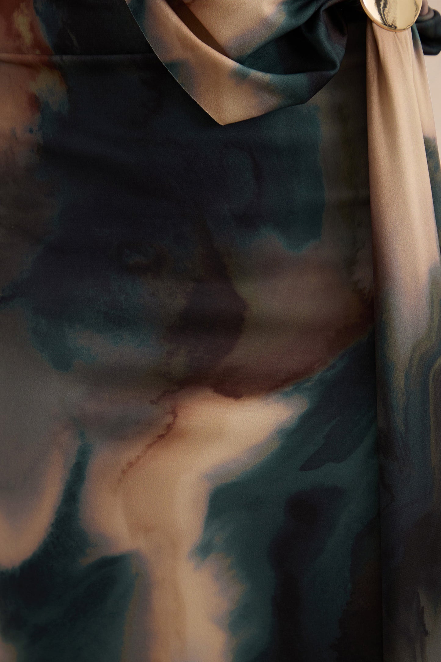 Maelys | Black And Blue Smoke Print Asymmetric-Neck Maxi Dress With Body Cut-Outs And Gold Detailing