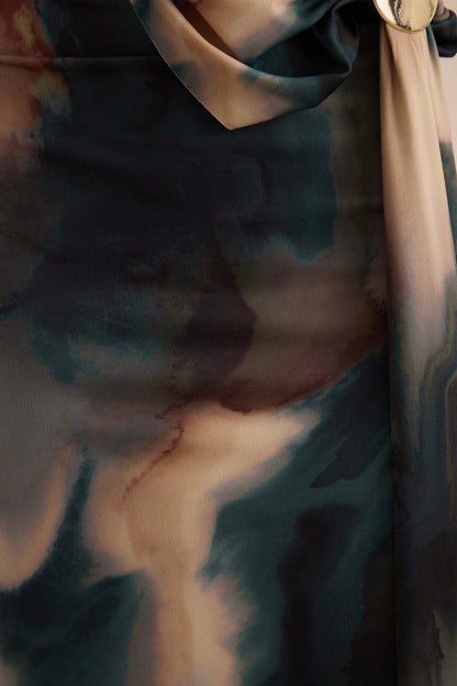 Maelys | Black And Blue Smoke Print Asymmetric-Neck Maxi Dress With Body Cut-Outs And Gold Detailing