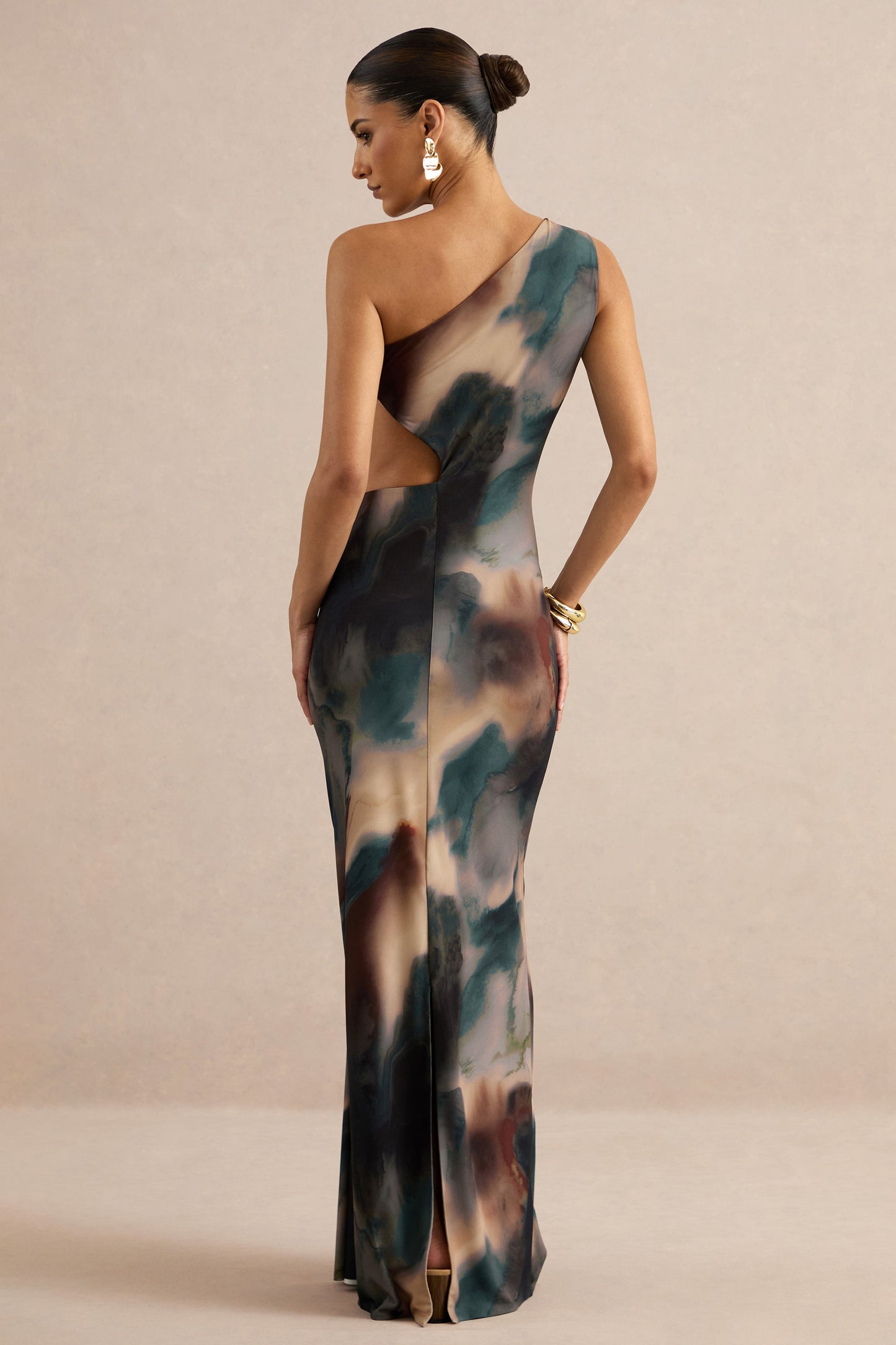 Maelys | Black And Blue Smoke Print Asymmetric-Neck Maxi Dress With Body Cut-Outs And Gold Detailing