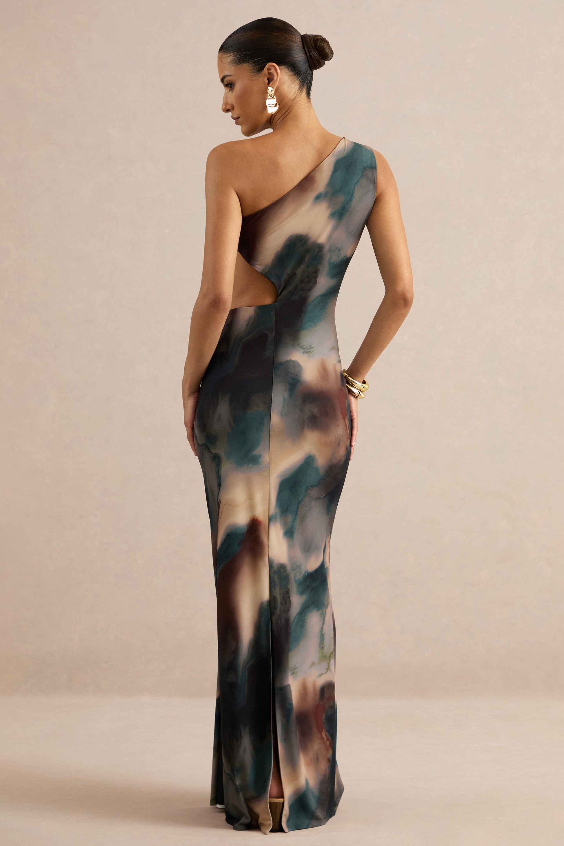 Maelys | Black And Blue Smoke Print Asymmetric-Neck Maxi Dress With Body Cut-Outs And Gold Detailing