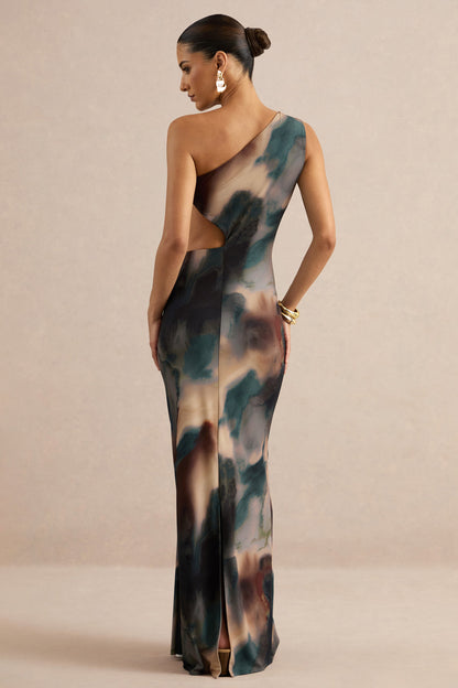 Maelys | Black And Blue Smoke Print Asymmetric-Neck Maxi Dress With Body Cut-Outs And Gold Detailing