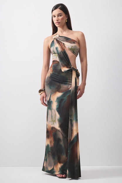 Maelys | Black And Blue Smoke Print Asymmetric-Neck Maxi Dress With Body Cut-Outs And Gold Detailing