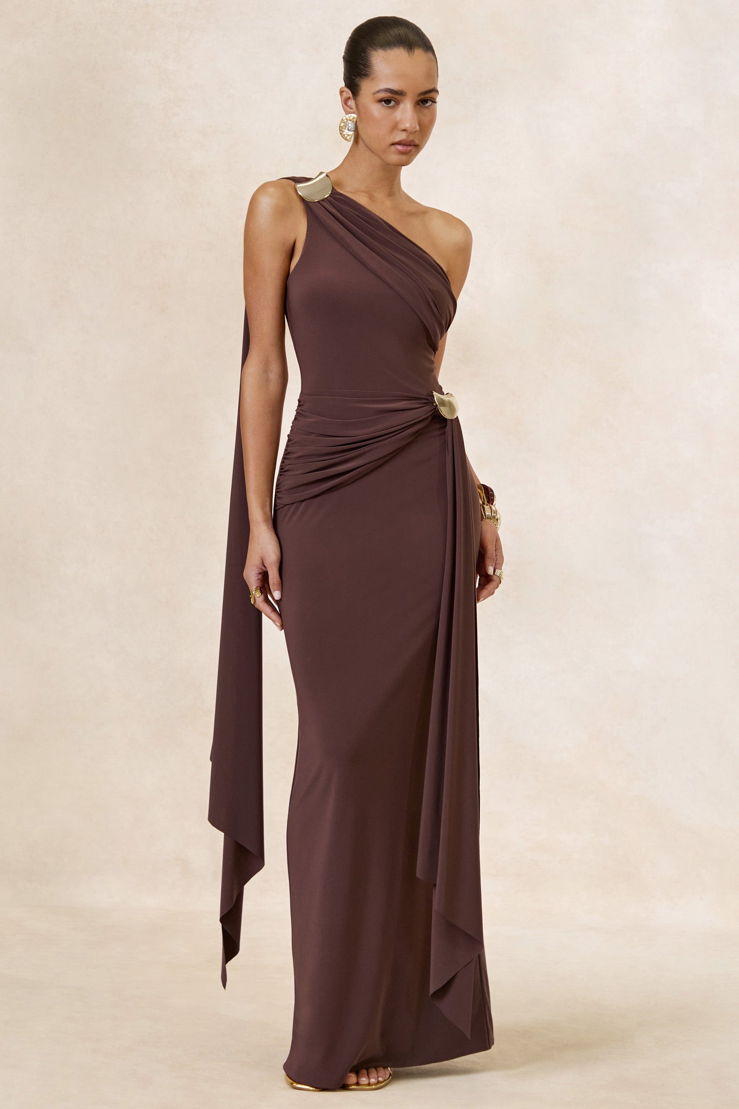 Sariah | Dark Brown Asymmetric-Neck Maxi Dress With Gathered Detailing