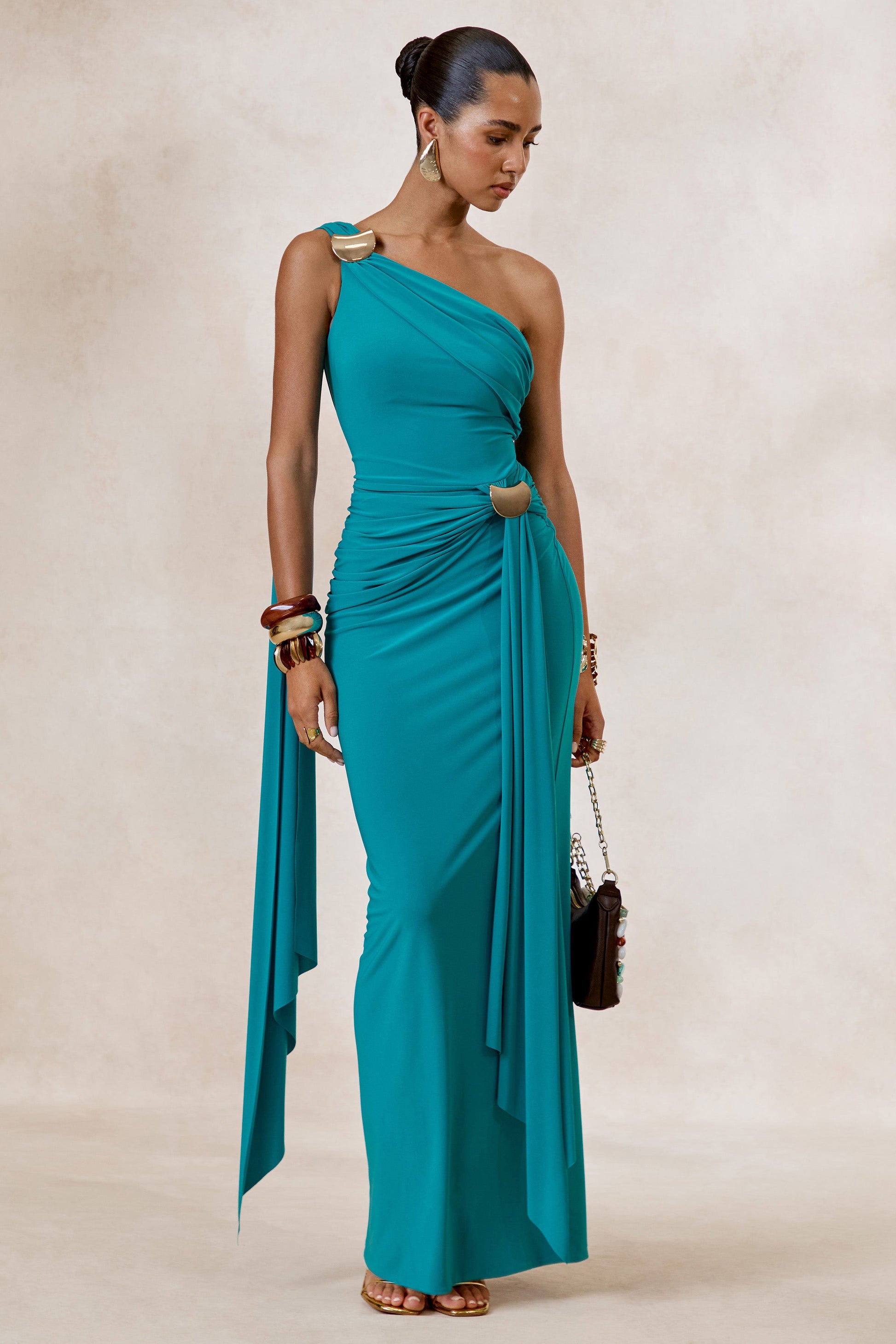 Sariah | Teal Asymmetric-Neck Maxi Dress With Gathered Detailing And Gold Details