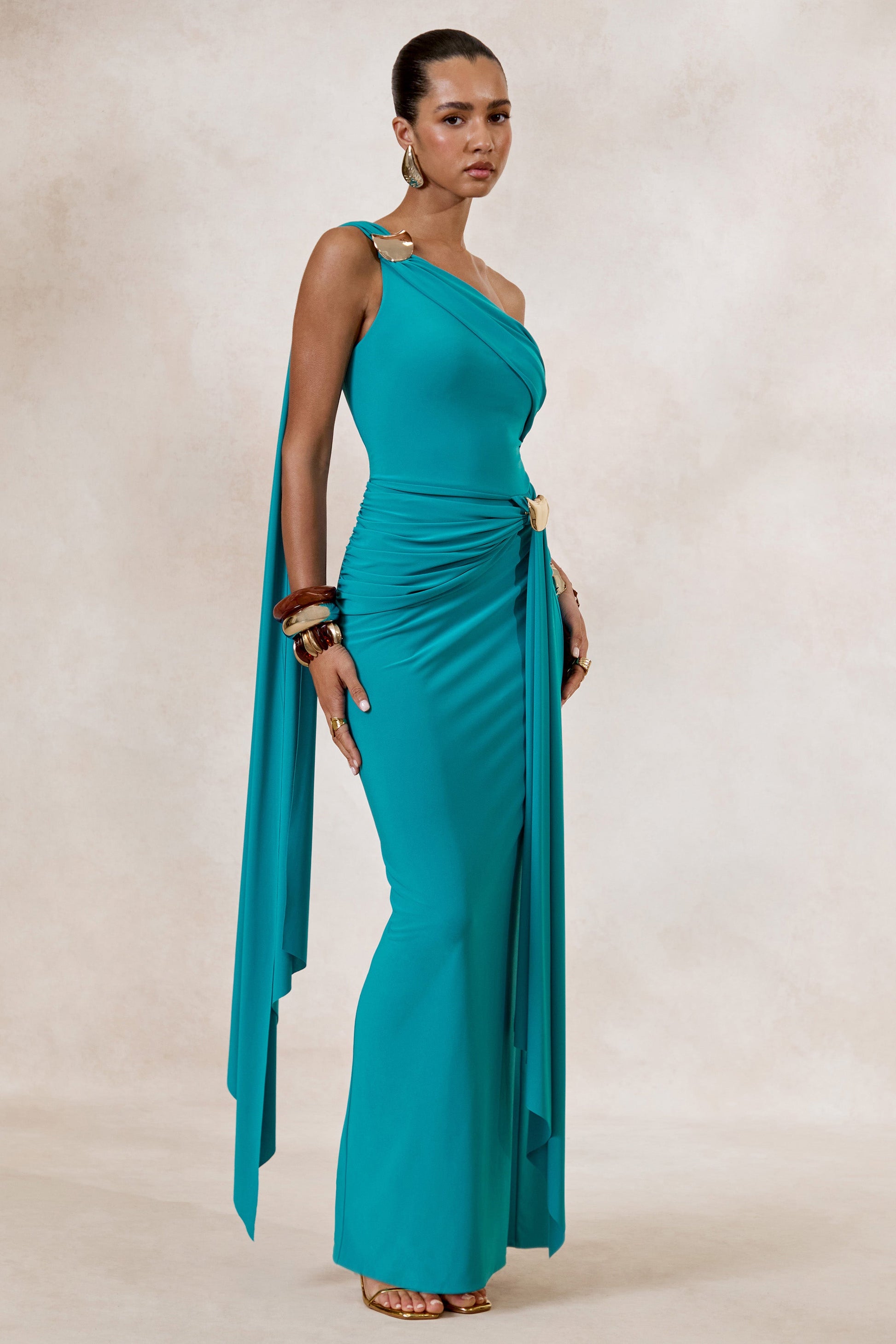 Sariah | Teal Asymmetric-Neck Maxi Dress With Gathered Detailing And Gold Details