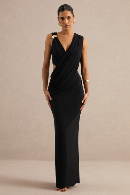 Tahlia | Black Plunge-Neck Maxi Dress With Draped Detailing And Gold Detail