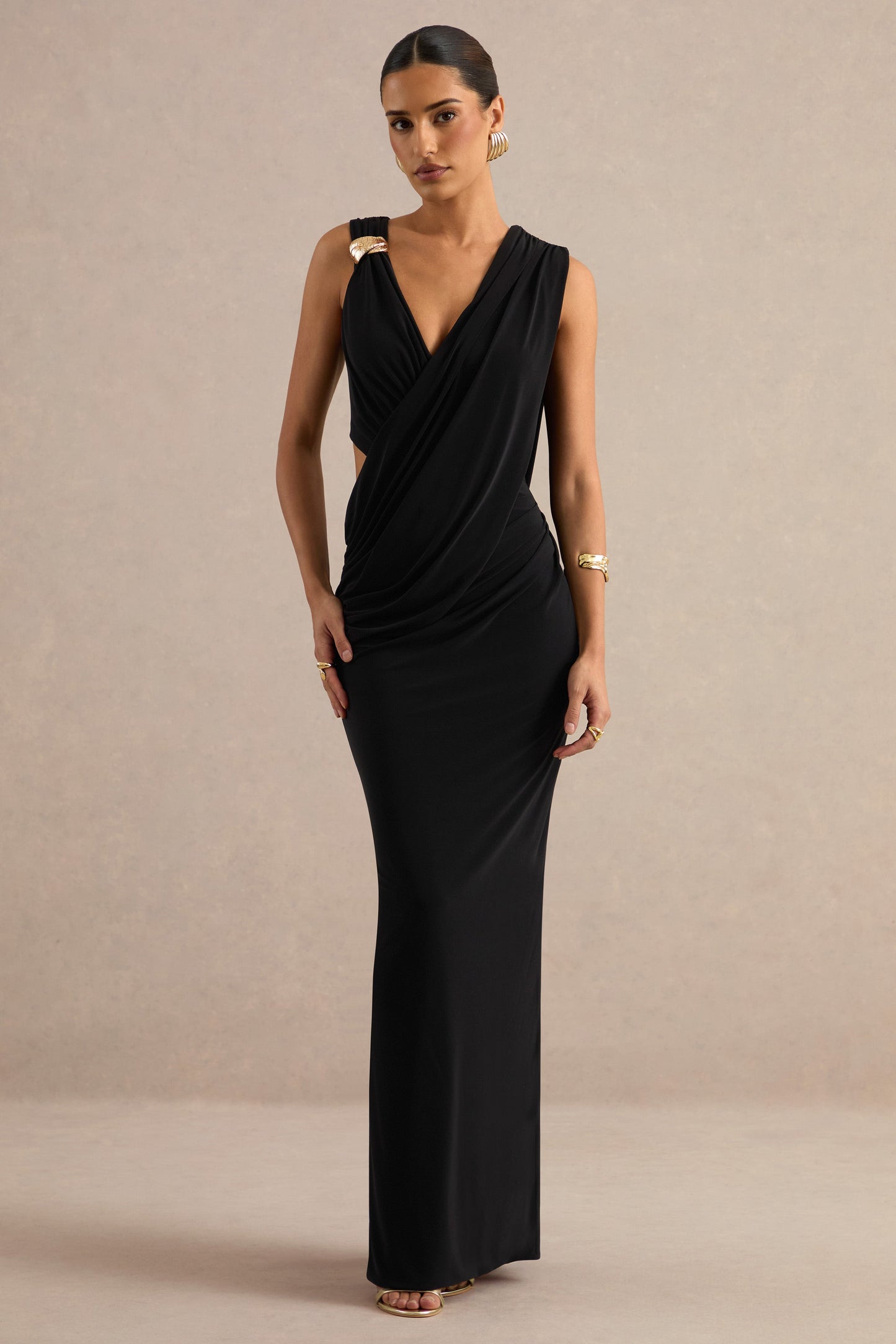 Tahlia | Black Plunge-Neck Maxi Dress With Draped Detailing And Gold Detail