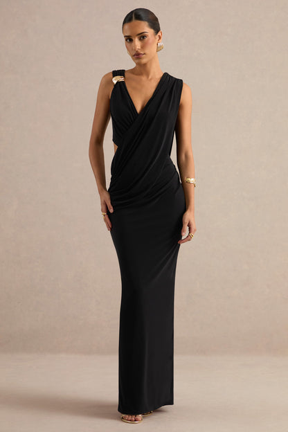 Tahlia | Black Plunge-Neck Maxi Dress With Draped Detailing And Gold Detail