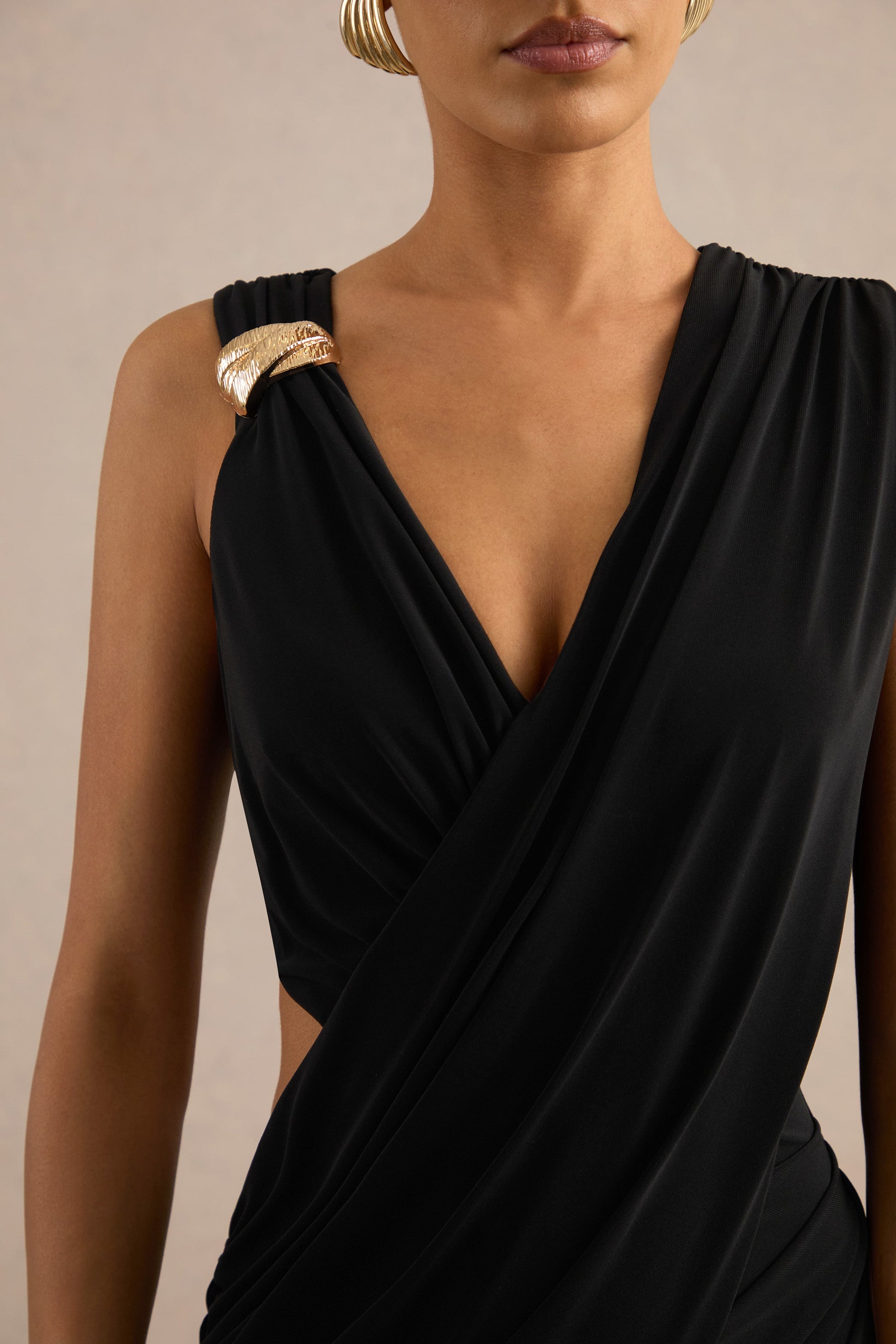 Tahlia | Black Plunge-Neck Maxi Dress With Draped Detailing And Gold Detail
