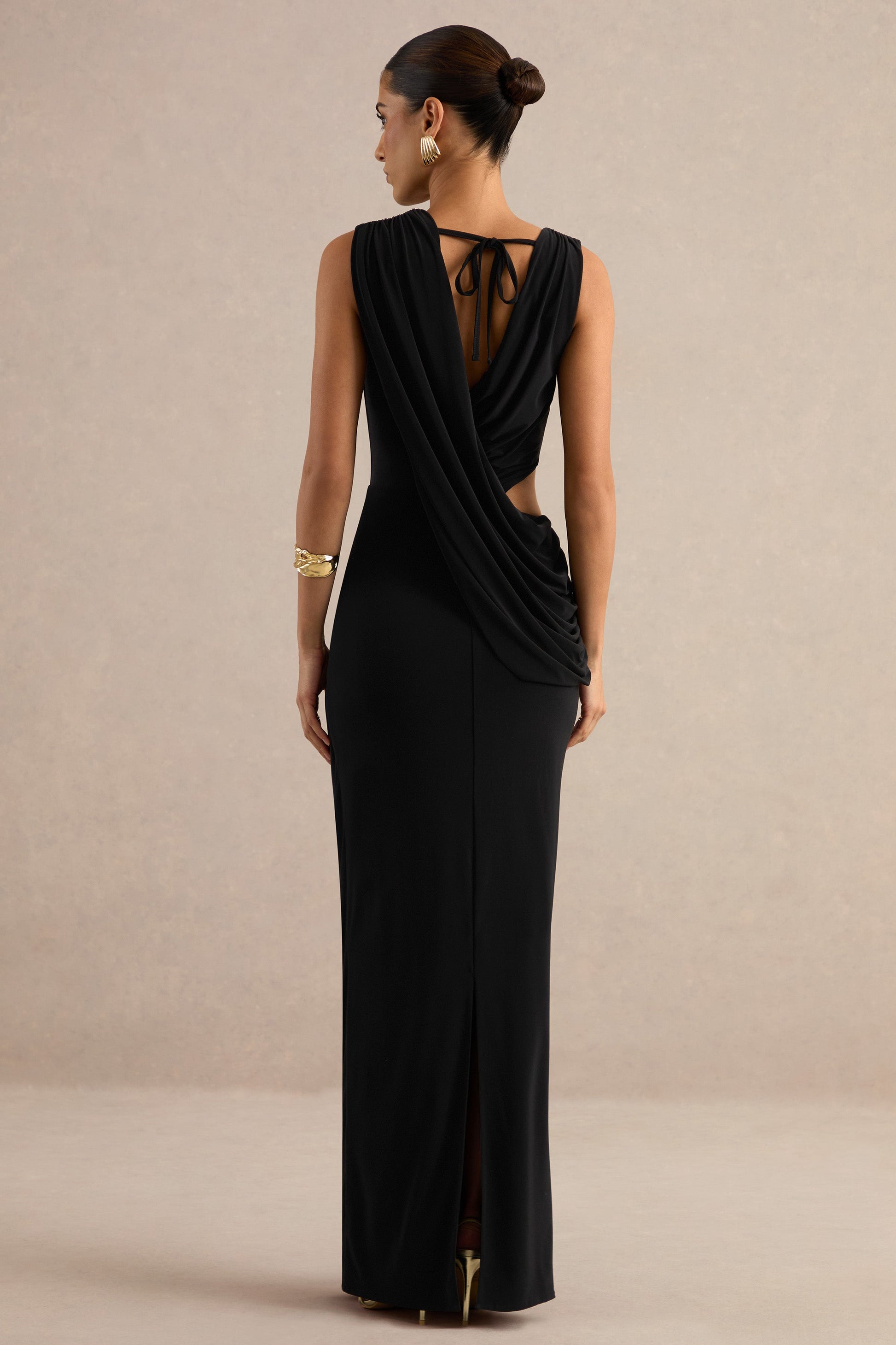 Tahlia | Black Plunge-Neck Maxi Dress With Draped Detailing And Gold Detail
