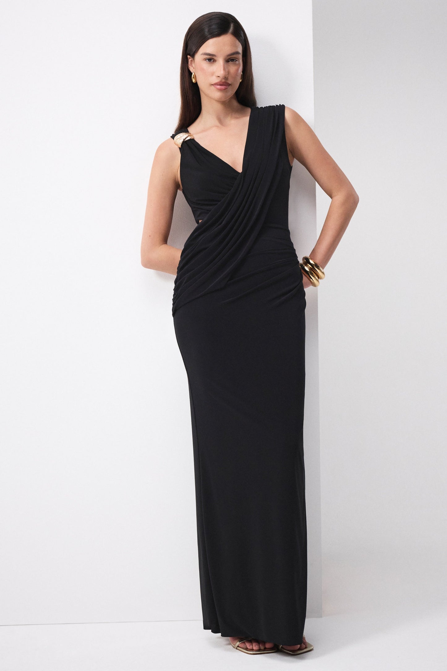 Tahlia | Black Plunge-Neck Maxi Dress With Draped Detailing And Gold Detail