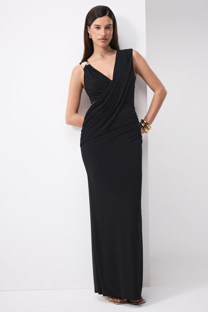 Tahlia | Black Plunge-Neck Maxi Dress With Draped Detailing And Gold Detail