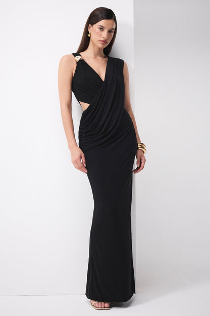 Tahlia | Black Plunge-Neck Maxi Dress With Draped Detailing And Gold Detail