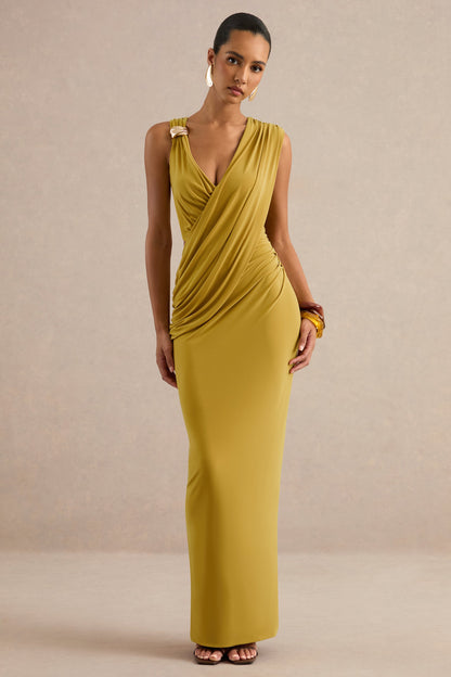 Tahlia | Mustard Plunge-Neck Maxi Dress With Draped Detailing And Gold Detail