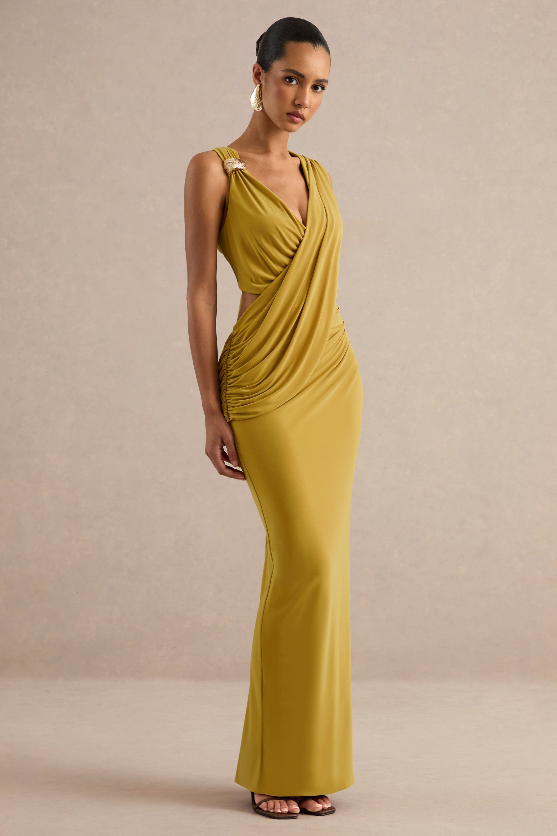 Tahlia | Mustard Plunge-Neck Maxi Dress With Draped Detailing And Gold Detail