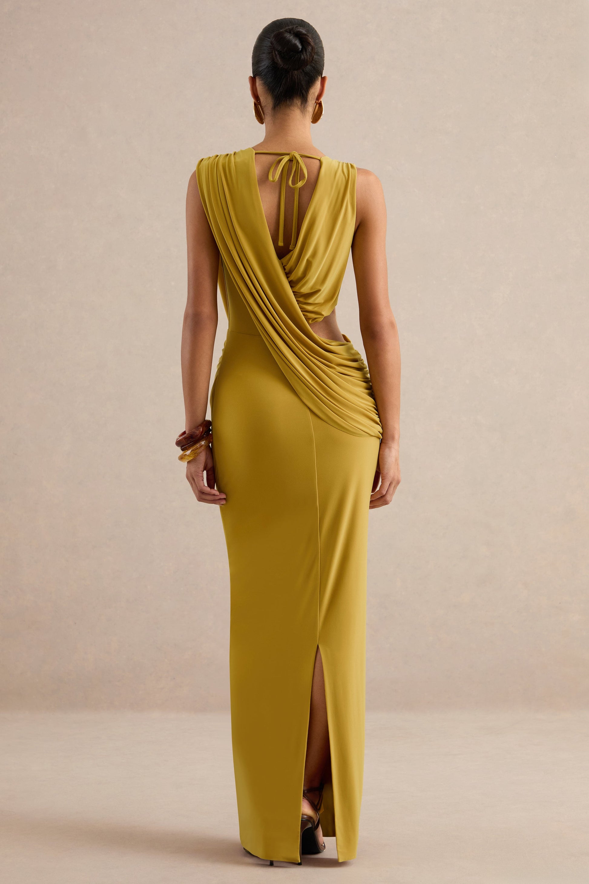 Tahlia | Mustard Plunge-Neck Maxi Dress With Draped Detailing And Gold Detail