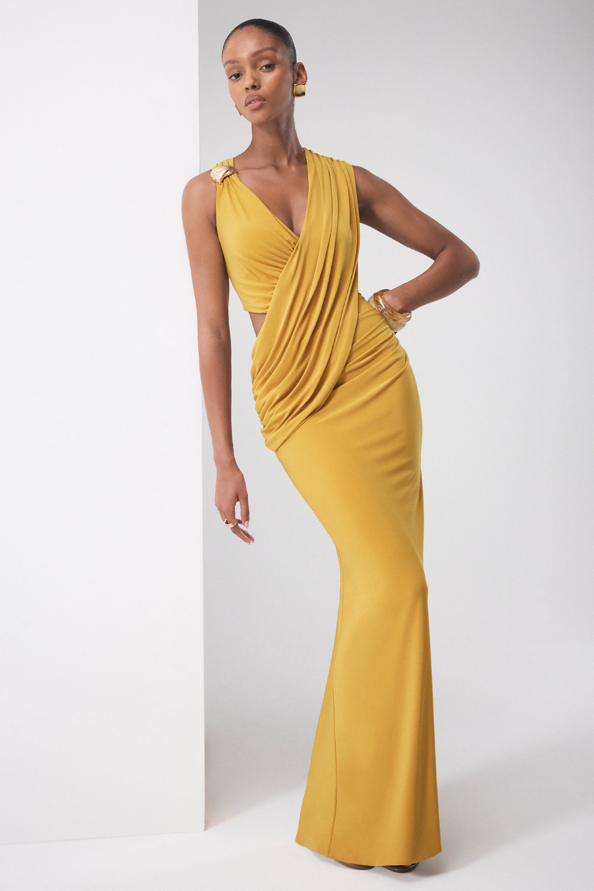 Tahlia | Mustard Plunge-Neck Maxi Dress With Draped Detailing And Gold Detail
