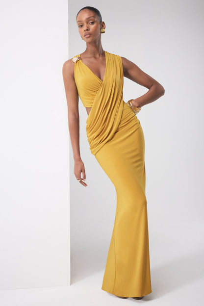 Tahlia | Mustard Plunge-Neck Maxi Dress With Draped Detailing And Gold Detail