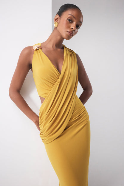 Tahlia | Mustard Plunge-Neck Maxi Dress With Draped Detailing And Gold Detail