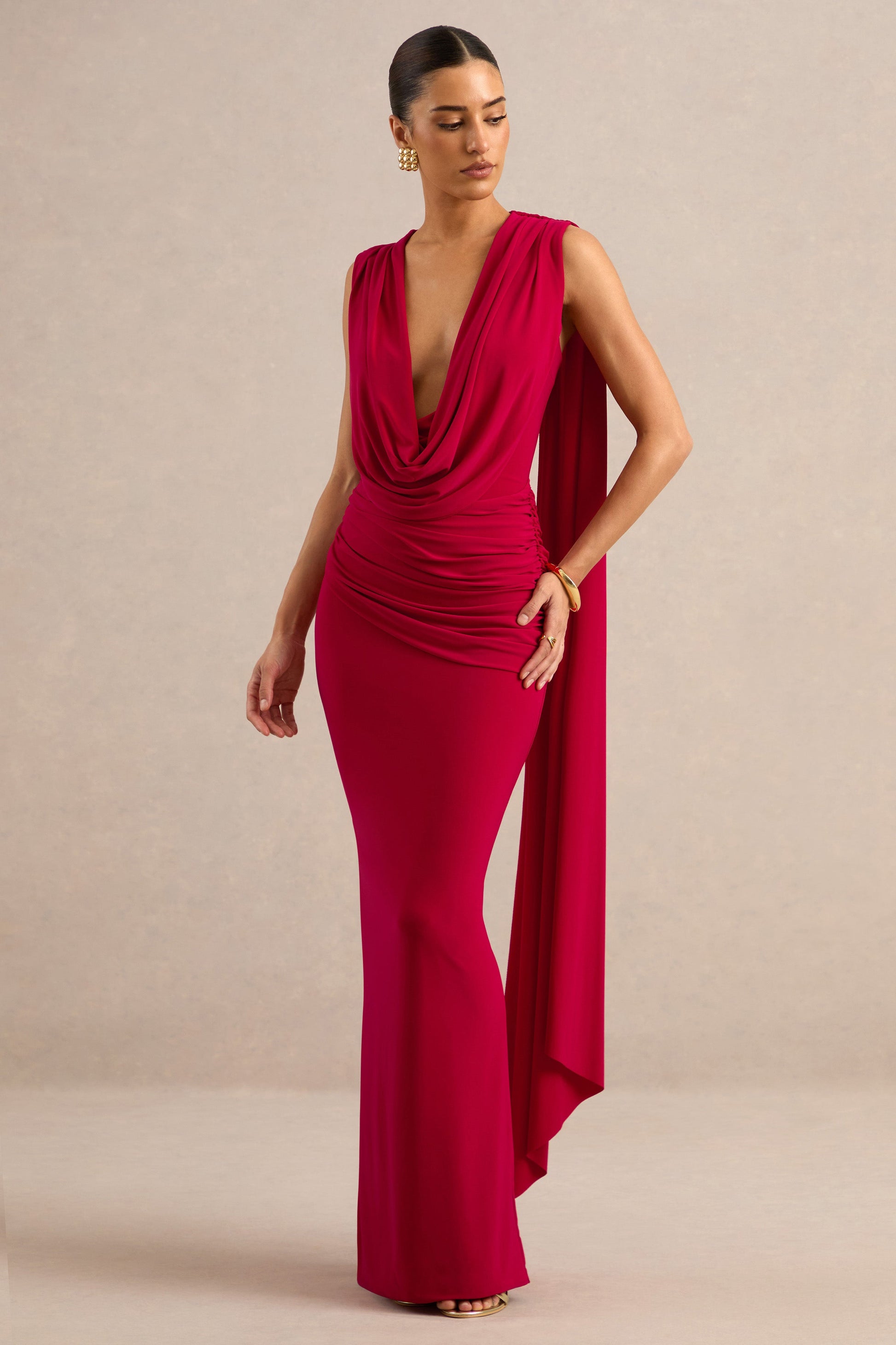 Aralyn | Red Plunge Cowl-Neck Maxi Dress With Sash Detail