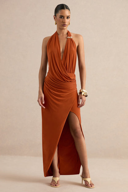 Azari | Rust Halter-Neck Wrap Maxi Dress With Gold Detail