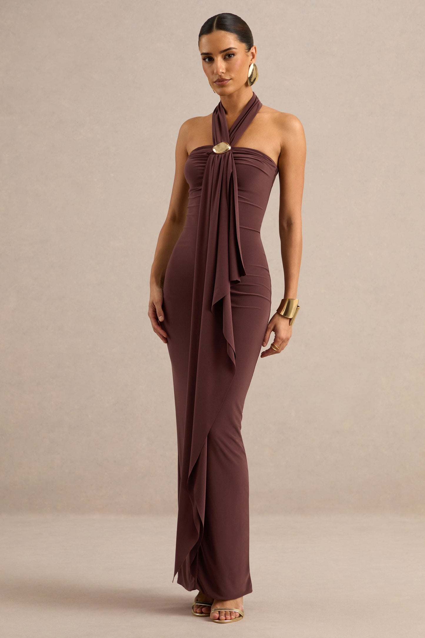 Delaina | Dark Brown Halter-Neck Maxi Dress With Gold Detail And Sash
