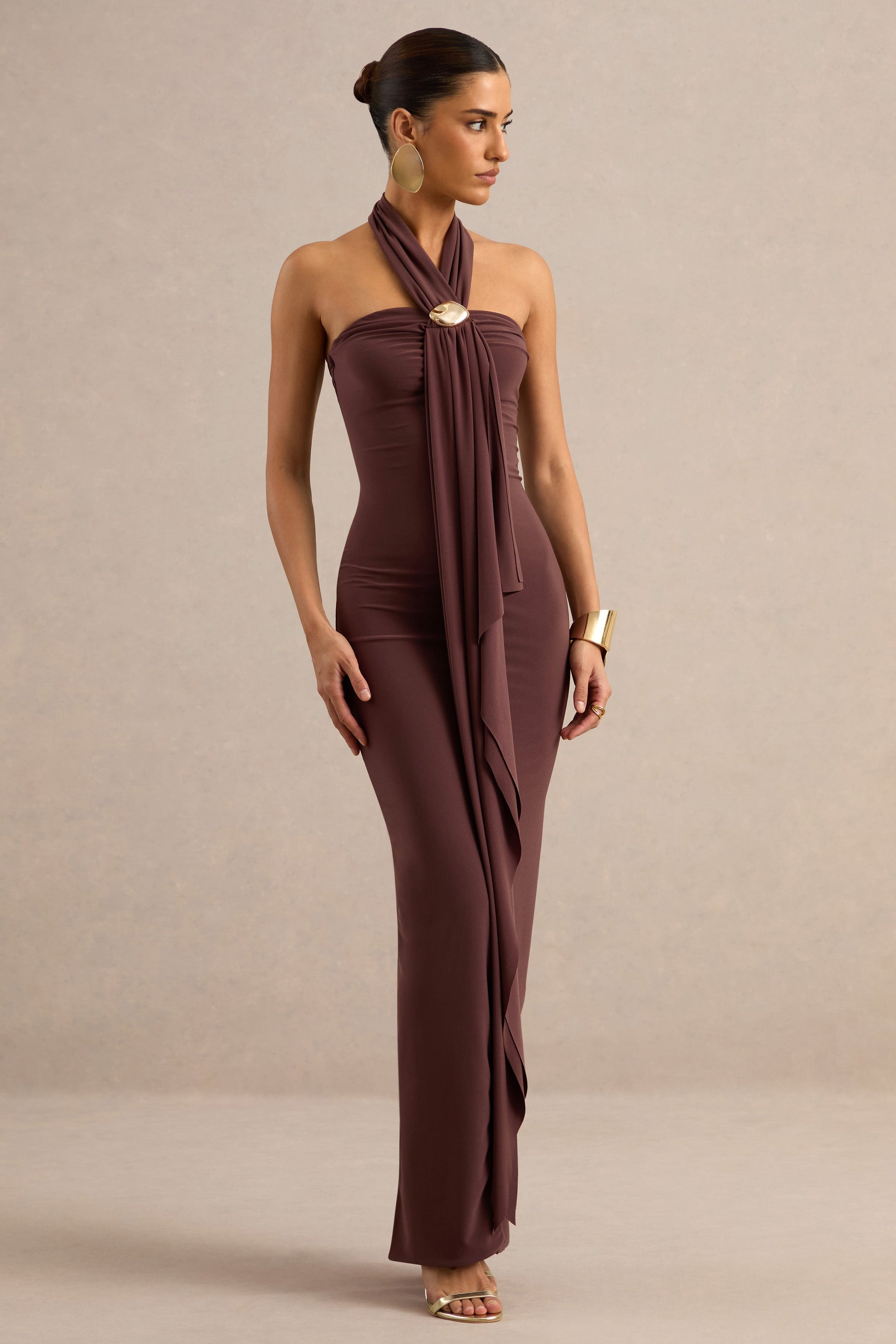Delaina | Dark Brown Halter-Neck Maxi Dress With Gold Detail And Sash