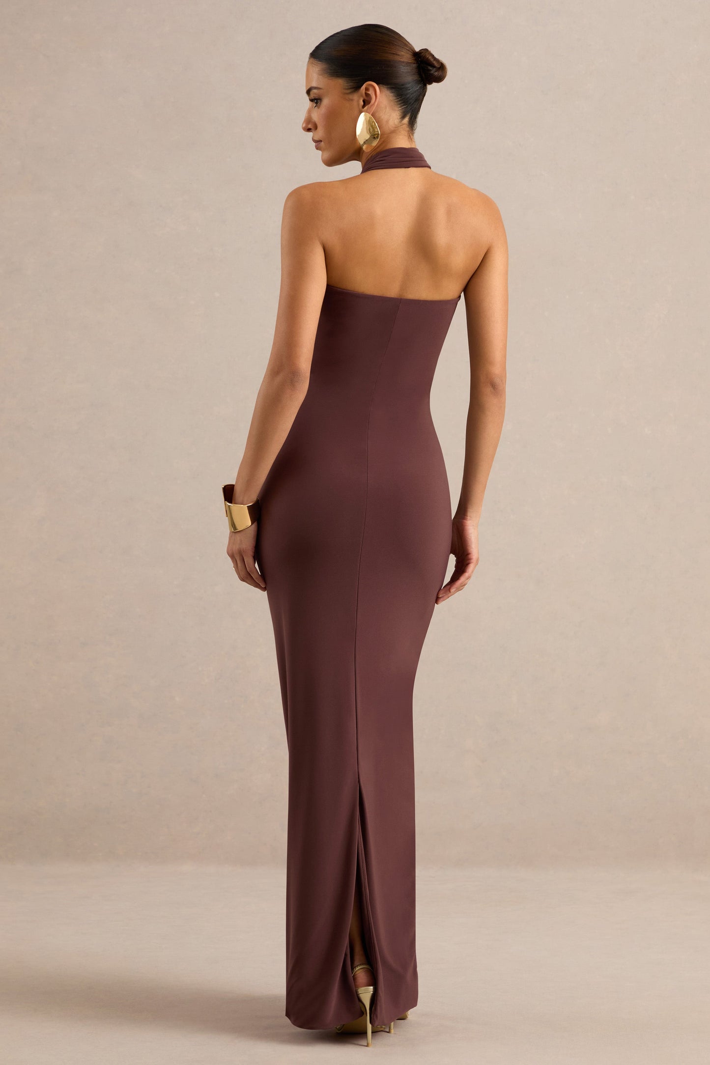 Delaina | Dark Brown Halter-Neck Maxi Dress With Gold Detail And Sash