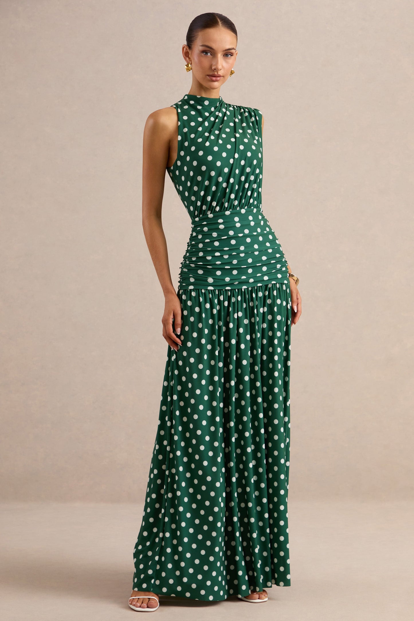 Kelis | Green Polka-Dot High-Neck Maxi Dress With Draped Detailing