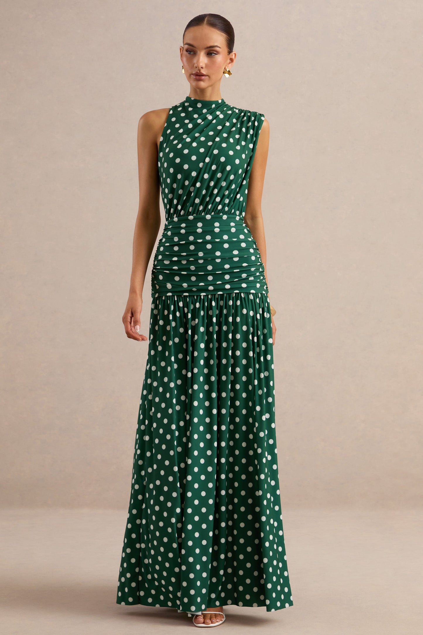 Kelis | Green Polka-Dot High-Neck Maxi Dress With Draped Detailing