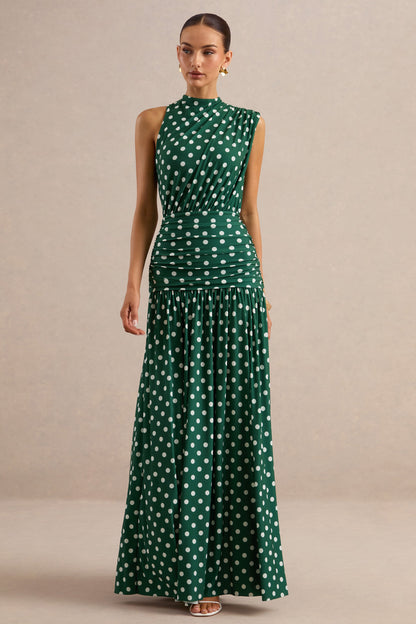 Kelis | Green Polka-Dot High-Neck Maxi Dress With Draped Detailing