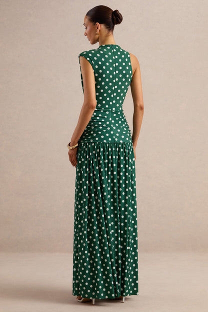 Kelis | Green Polka-Dot High-Neck Maxi Dress With Draped Detailing