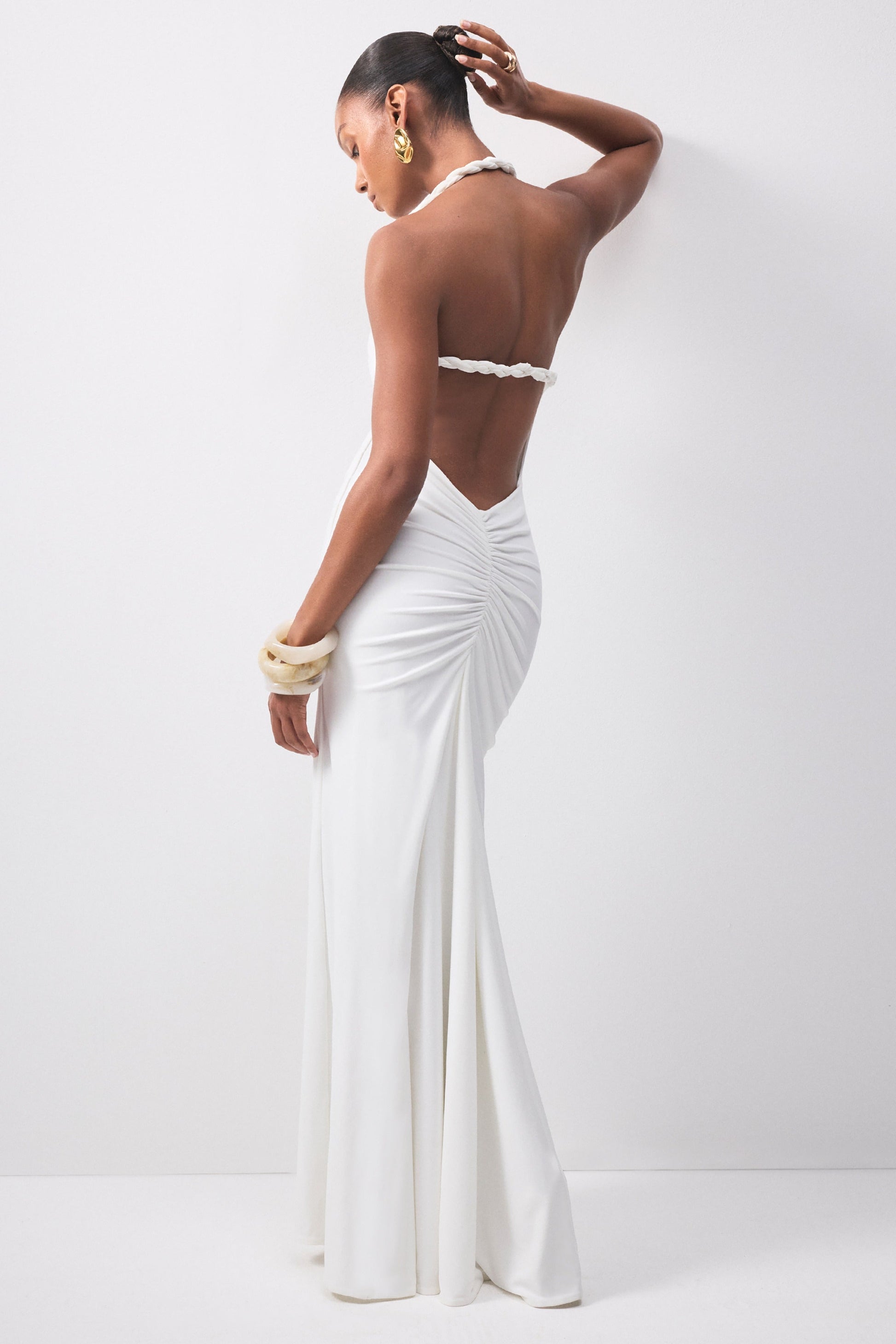 Elirae | White Asymmetric-Neck Maxi Dress With Twist Strap And Front High Split