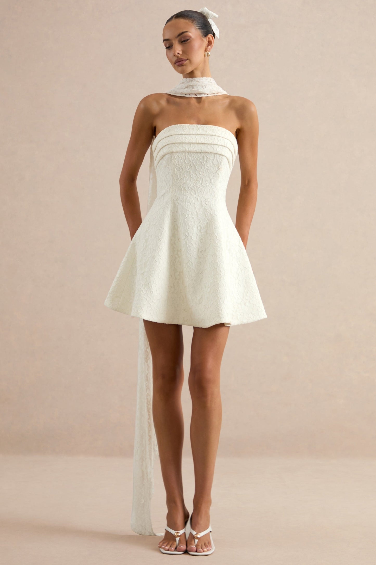 Elvara | White Lace Bandeau-Neck Mini Dress With Scarf Detail